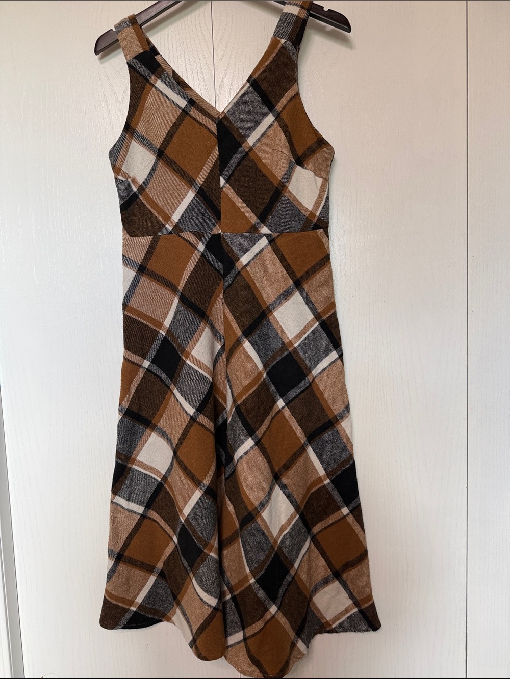 SHEIN Brown, Cream & Black Plaid V-Neck Midi Dress